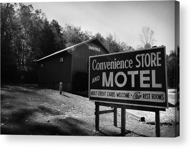 Kelly Hazel Acrylic Print featuring the photograph Motel Sign in Black and White by Kelly Hazel