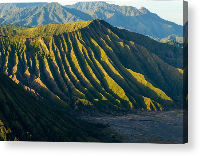 Scenics Acrylic Print featuring the photograph Mount Batok (2,470m), though lying adjacent to Mount Bromo. With a perfect triangular mountain top, rising from a sea of volcanic ash surrounding the Mount Bromo caldera. East Java of Indonesia. by Shaifulzamri