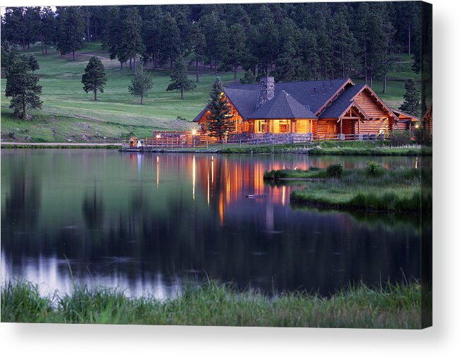 Water's Edge Acrylic Print featuring the photograph Mountain Lodge Reflecting In Lake At by Beklaus