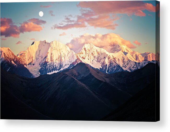 Scenics Acrylic Print featuring the photograph Mountain Peak In Sunset With Moonrise by 4x-image