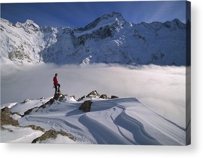 Feb0514 Acrylic Print featuring the photograph Mt Sefton Climber At Mueller Glacier by Colin Monteath