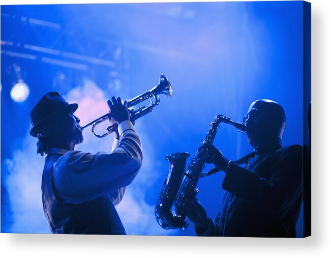 Rockville Acrylic Print featuring the photograph Musicians playing in jazz band on stage by Jon Feingersh Photography Inc