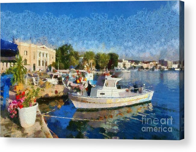 Lesvos; Lesbos; Mytilini; Mitilini; Mytilene; City; Town; Port Acrylic Print featuring the painting Mytilini port by George Atsametakis