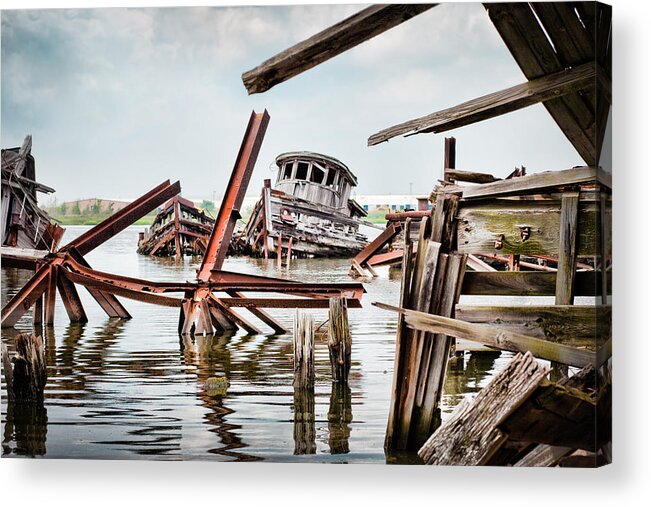 Abandoned Places Acrylic Print featuring the photograph Nautical - Shipwreck -Twisted grave by Gary Heller