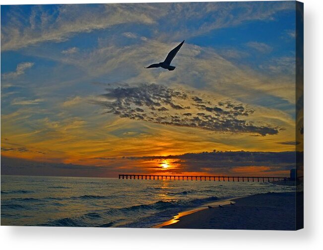 Landscape Acrylic Print featuring the photograph Navarre Beach and Pier Sunset Colors with Gulls and Waves by Jeff at JSJ Photography