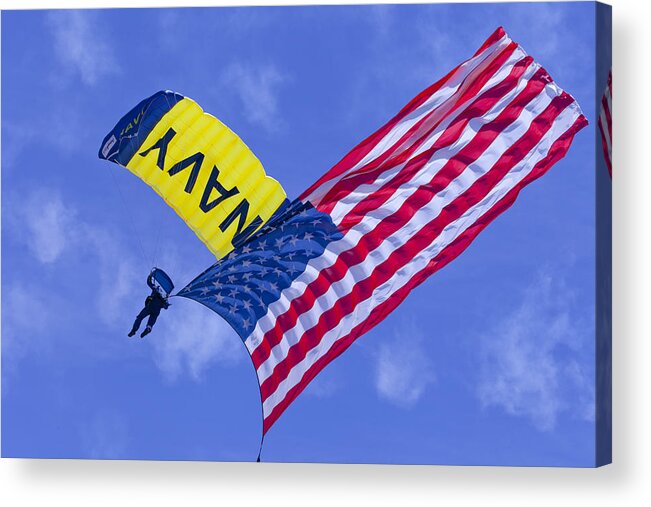 Oc Air Show Acrylic Print featuring the photograph Navy Seal Leap Frogs US Flag by Donna Corless