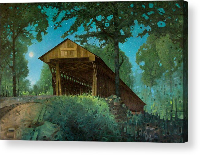 Nectar Alabama Acrylic Print featuring the painting Nectar Covered Bridge in Moonlight by T S Carson