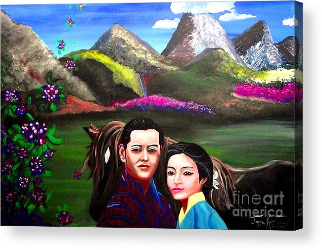 King Wanchuck Acrylic Print featuring the painting New King and Queen of Bhutan by Jayne Kerr 