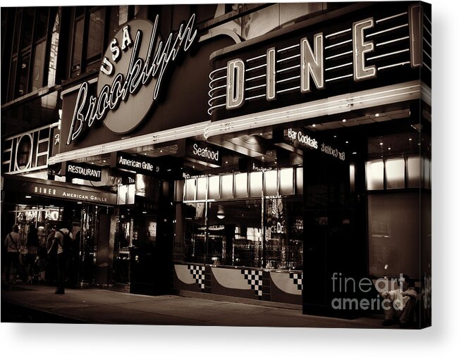 Diner Acrylic Print featuring the photograph New York at Night - Brooklyn Diner - Sepia by Miriam Danar