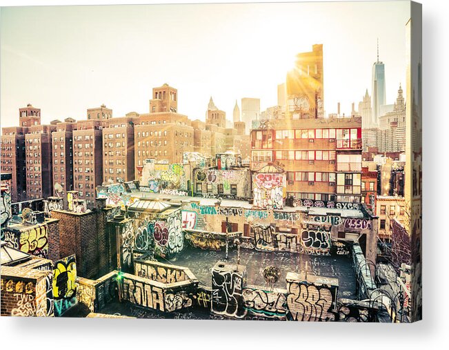 1 Wtc Acrylic Print featuring the photograph New York City - Graffiti Rooftops of Chinatown at Sunset by Vivienne Gucwa