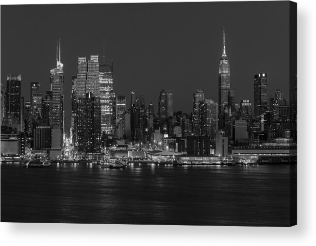 Empire State Building Acrylic Print featuring the photograph New York City Skyline In Christmas Colors BW by Susan Candelario