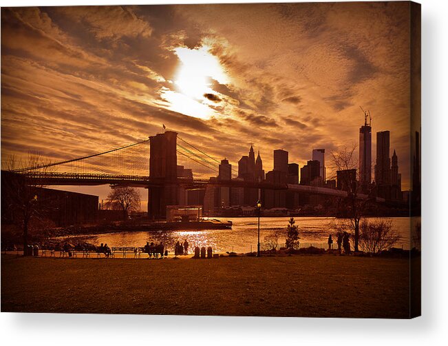 New York Acrylic Print featuring the photograph New York Skyline and Brooklyn Bridge -- Late Afternoon by Mitchell R Grosky