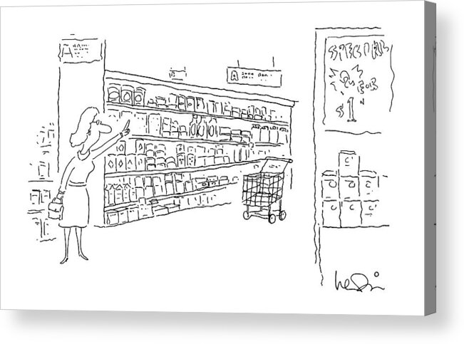 (woman Hails Empty Shopping Cart In Aisle Of Supermarket As If It Were A Taxi.) 
Psychology Acrylic Print featuring the drawing New Yorker April 23rd, 1990 by Arnie Levin
