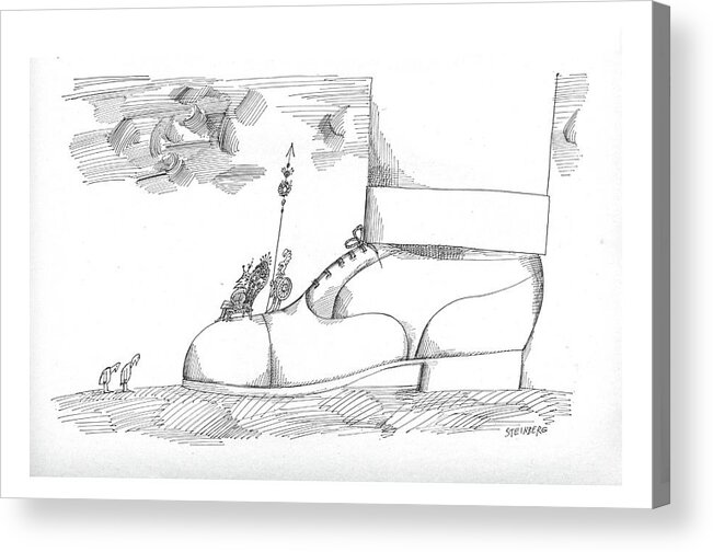 Miniature Small People Royalty Guards Feet Legs Giant-sized Elf Elves Lilliput Kings Rulers Monarchs Bowing Jonathan Swift

King On Elaborate Throne With Guard Perched On Enormous Toe Of A Shoe. Two Equally Lilliputian Figures Bow On Ground In Front Of The Big Shoe. Refers To Gulliver's Travels Lhm Sstoon Saul Steinberg Sst Artkey 66292 Acrylic Print featuring the drawing New Yorker August 1st, 1964 by Saul Steinberg