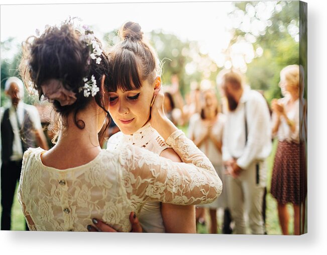 Mid Adult Women Acrylic Print featuring the photograph Newlywed lesbian couple dancing by Hinterhaus Productions