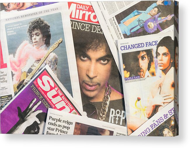 Rock Music Acrylic Print featuring the photograph Newspaper tributes to Prince following his passing by Georgeclerk