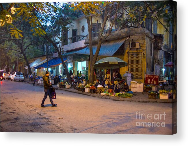Hanoi Niths In The City Rustic Stalls Street Scenes Street Life Acrylic Print featuring the photograph Night Crossing Hanoi by Rick Bragan