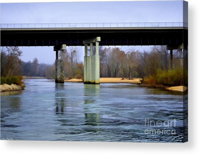 Bridge Acrylic Print featuring the photograph November under the brige - Current River near Van Beauren Mo - Digital Paint 1 by Debbie Portwood