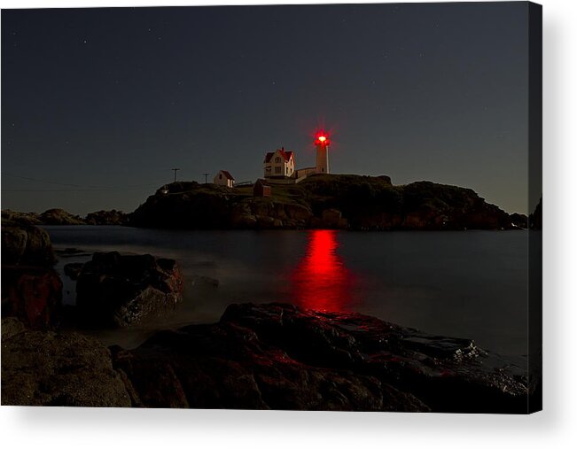 Lighthouse Acrylic Print featuring the photograph Nubble Lighthouse Lit by the Full Moon by John Vose