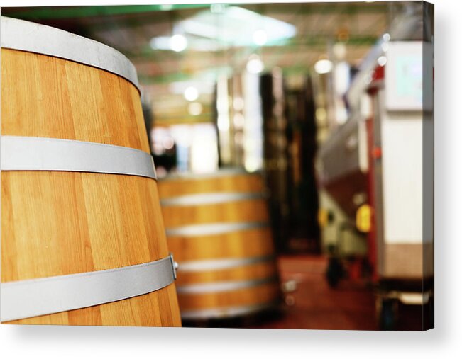 Alcohol Acrylic Print featuring the photograph Oak Barrels And Winemaking Equipment In by Rapideye