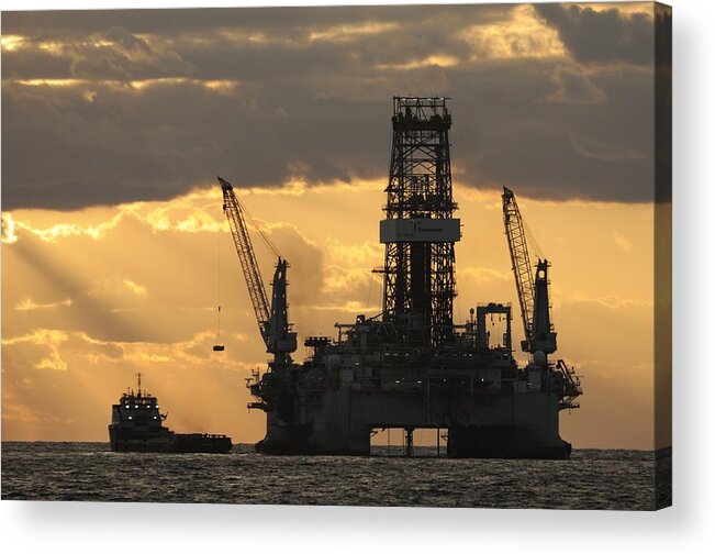 Oil Rig Acrylic Print featuring the photograph Offshore Rig At Dawn by Bradford Martin