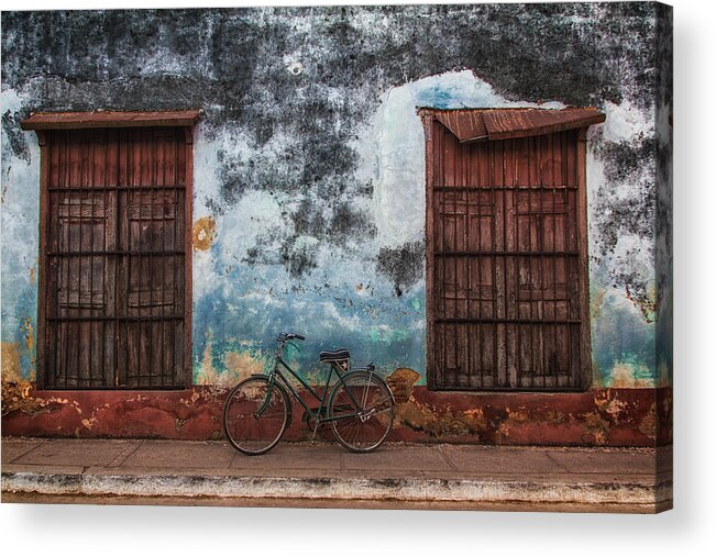 Cuba Acrylic Print featuring the photograph Old Bike and Grunge wall by Marzena Grabczynska Lorenc