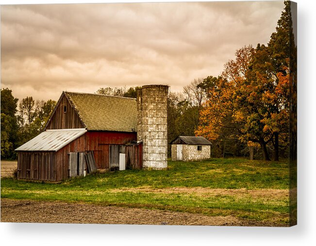 Autumn Acrylic Print featuring the photograph Old Red Barn and Silo by Ron Pate