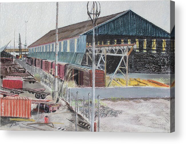 Industrial Landscape Drawing Acrylic Print featuring the pastel Old Resting Train and Schnitzer Steel Building by Asha Carolyn Young