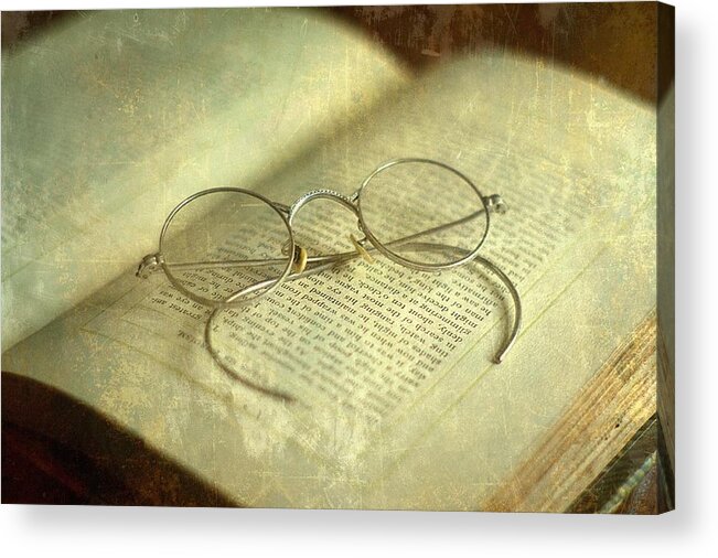 Old Acrylic Print featuring the photograph Old Silver Spectacles and Book by Suzanne Powers