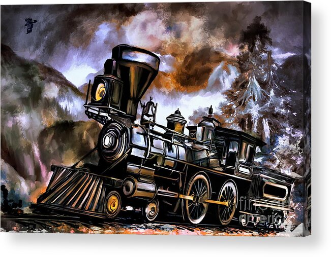  Railway Acrylic Print featuring the painting Old steam engine by Andrzej Szczerski