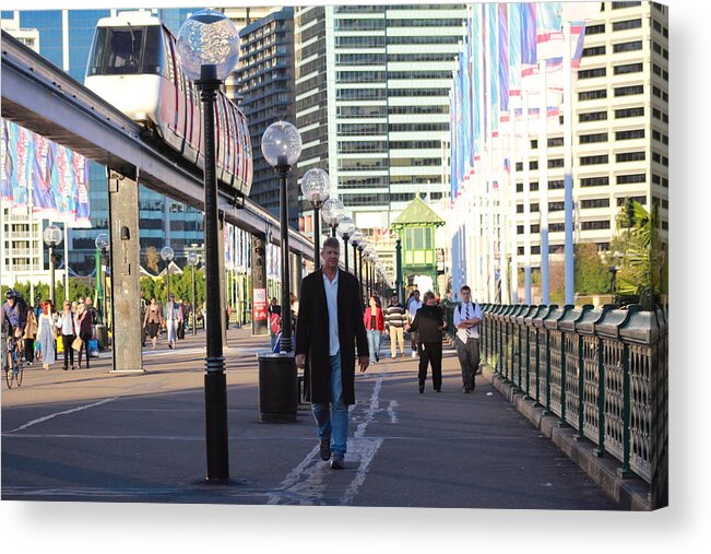Sydney Mono Rail Acrylic Print featuring the photograph Over the Bridge coming house by Debbie Cundy
