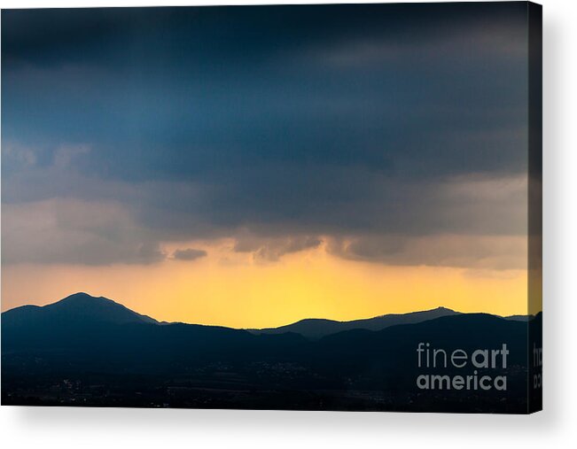 Cloud Acrylic Print featuring the photograph Overcast Dark Sky Rain Clouds With Yellow Glow Beyond Hills On H by Peter Noyce