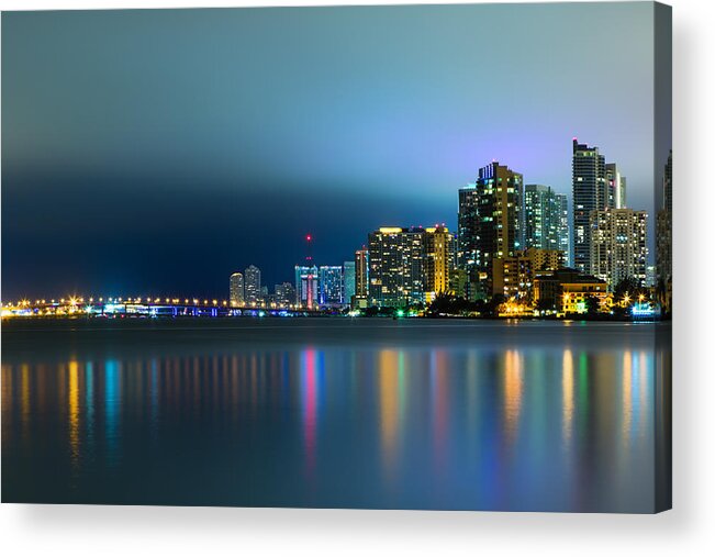 America Acrylic Print featuring the photograph Overcast Miami Night Skyline by Andres Leon