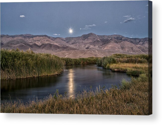 River Water Reflection Moon Mountains Grass Green Blue California eastern Sierra Nature Scenic Landscape Night Sky Clear Acrylic Print featuring the photograph Owens River Moonrise by Cat Connor