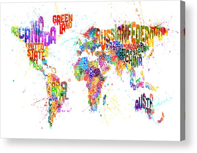 Map Of The World Acrylic Print featuring the digital art Paint Splashes Text Map of the World by Michael Tompsett