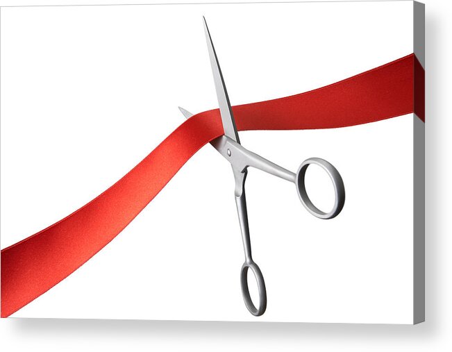 Opening Ceremony Acrylic Print featuring the photograph Pair of scissors cutting a red ribbon by Macida