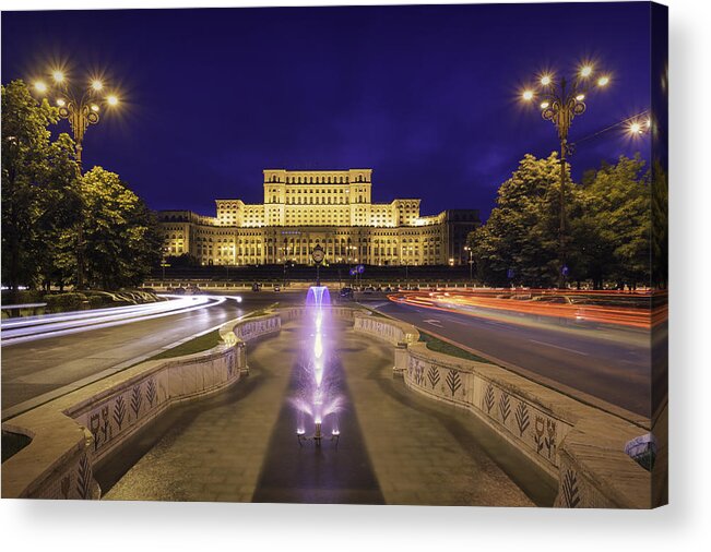 Built Structure Acrylic Print featuring the photograph Palace of Parliament at night by LordRunar