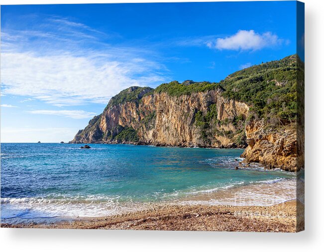 Plaeokastritsa Acrylic Print featuring the photograph Paleokastritsa beach and cliffs by Paul Cowan