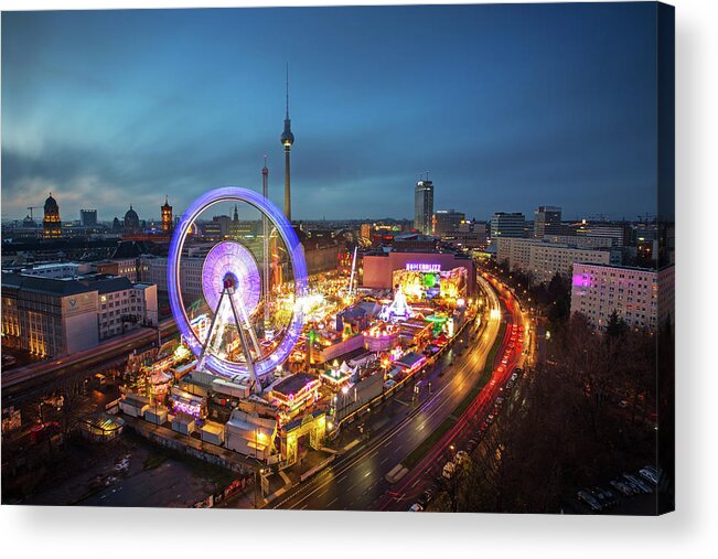 Alexanderplatz Acrylic Print featuring the photograph Panoramic View At Sunset Of Berlin With by Andreas Mohaupt