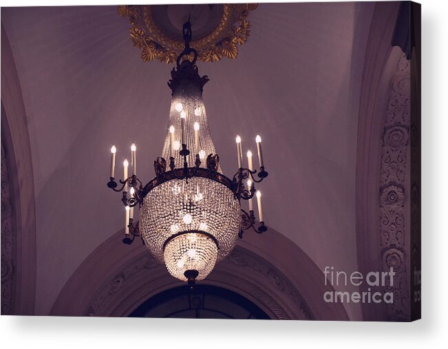 French Chandeliers Acrylic Print featuring the photograph Paris Crystal Chandelier Lavender Mauve Sparkling Chandelier Art Deco - Paris Crystal Chandeliers by Kathy Fornal