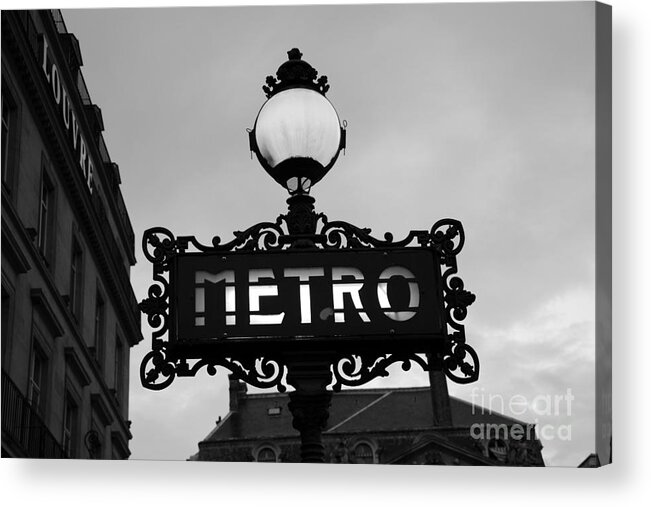Paris Acrylic Print featuring the photograph Paris Metro Sign Black and White Art - Ornate Metro Sign at the Louvre - Metro Sign Architecture by Kathy Fornal