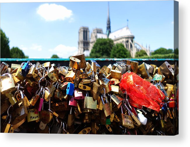 Paris Acrylic Print featuring the photograph Paris pont des arts Love Locks with Notre Dame in the background by Toby McGuire