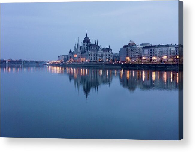 Tranquility Acrylic Print featuring the photograph Parliament Building In Budapest At Dawn by G.g.bruno