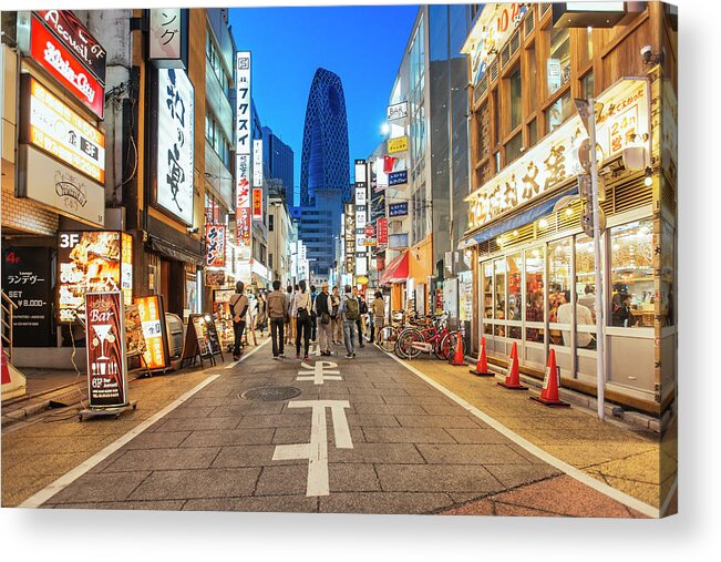 Japanese Script Acrylic Print featuring the photograph Pedestrian Street In Shinjuku Ward by Alexander Spatari