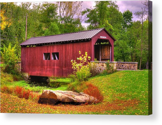 Everhart Covered Bridge Acrylic Print featuring the photograph Pennsylvania Country Roads - Everhart Covered Bridge at Fort Hunter - Harrisburg Dauphin County by Michael Mazaika