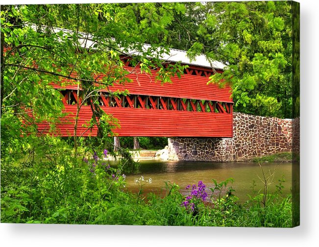 Sachs Covered Bridge Acrylic Print featuring the photograph Pennsylvania Country Roads - Sachs Covered Bridge Over Marsh Creek-3B - Shade of Spring Adams County by Michael Mazaika