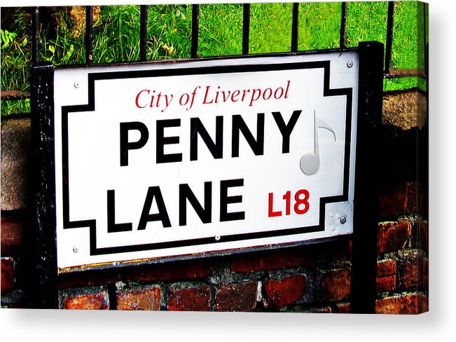 Sign Acrylic Print featuring the photograph Penny Lane sign Liverpool England with musical note by Tom Conway