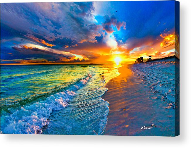 Blue-seascape Acrylic Print featuring the photograph Pensacola Florida-Beach Waves-Sun Burst Shoreline by Eszra Tanner