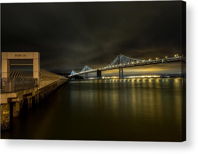 San Francisco Acrylic Print featuring the photograph Pier 14 and Bay Bridge at Night by John Daly
