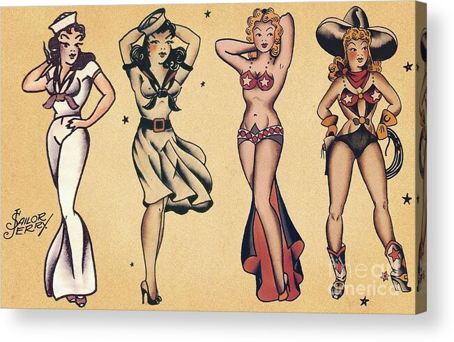 Vintage Acrylic Print featuring the photograph Pin Up Girl Tattoo Sheet by Action